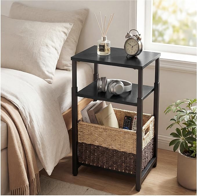 Side Table with Storage Basket, Small End Table with Adjustable Height Design for Living Room, Bedroom Nightstand Bedside Table for Small Spaces (Black)
