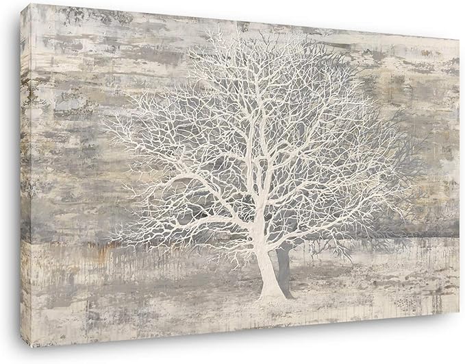 Yihui Arts Tree Of Life Canvas Wall Art Hand Painted Grey White Beige Paintings Modern Abstract Forest Pictures Artwork for Living Room Bedroom Office Decoration