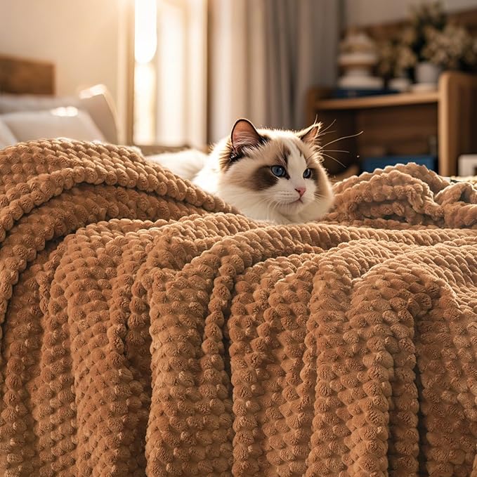 PHF Ultra Soft Flannel Fleece Blanket Queen Size, Lightweight 3D Jacquard Fleece Blanket, No Shedding, No Pilling, Luxury 340GSM Aesthetic Fluffy Cozy for Bed Room Decor, 90"x90", Brown Sugar/Toast