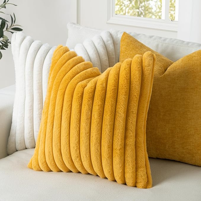 MIULEE Faux Fur Decorative Throw Pillow Covers 20x20 Inch Set of 2, Retro Vintage Boho Spring Home Decor Soft Plush Couch Pillows Cozy Fluffy Cushion Covers for Sofa Bed Mustard Yellow