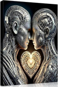Framed 3D Love Wall Art Canvas Mural Futurist Gallery Couple Fantasy Robot Romantic Poster Art Bedroom Living Room Office Game Room High tech Aesthetic Decoration 16x24 inches