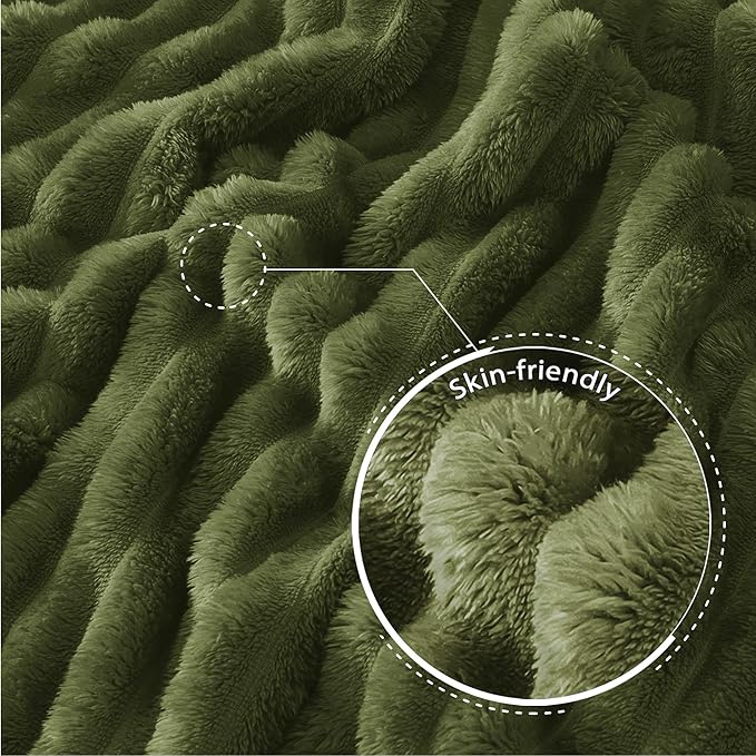 Exclusivo Mezcla Queen Size Flannel Fleece Blanket, Super Soft Striped Jacquard Bed Blanket, Lightweight Fuzzy Cozy for All Seasons, 90x90 Inches, Olive Green