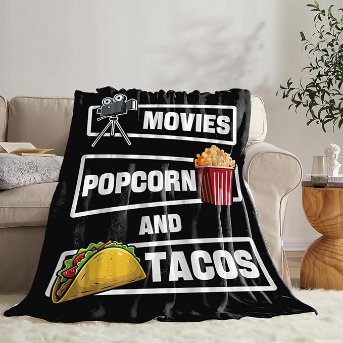 Movie Taco Popcorn Blanket for Girls Women Boys Men Adults Kids Soft Cozy Fleece Theater Cinema Film Throw Blankets Gifts Warm Flannel Plush Lightweight Decor for Couch Bed Sofa 60"X50"