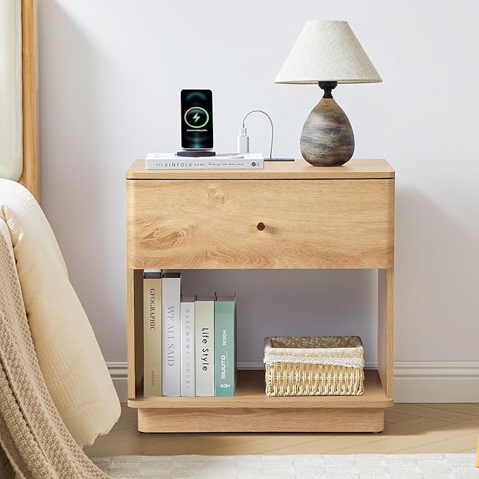 Modern Night Stand with Charging Station for Bedroom, Nightstand Bedside Table with Drawer and Storage Shelf for Bedroom (Natural-Charging Station-1 pc)