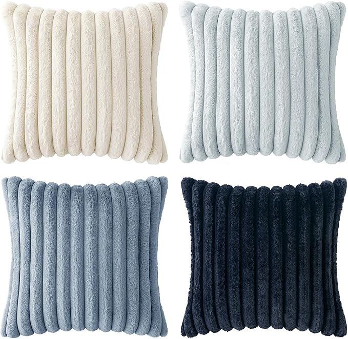 MIULEE Faux Fur Plush Decorative Throw Pillow Covers 18x18 Set of 4, Spring Modern Soft Fuzzy Coastal Striped Cushion Covers for Sofa Couch Bed Living Room Cozy Home Decor,Navy Blue
