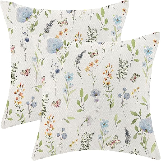 Spring Pillow Covers 20x20 Inch Set of 2, Sage Green Blue Wild Flower Throw Pillows Case,Colorful Seasonal Floral Plant Outdoor Decorative Farmhouse Decor Cushion Covers for Home Sofa Bed Couch
