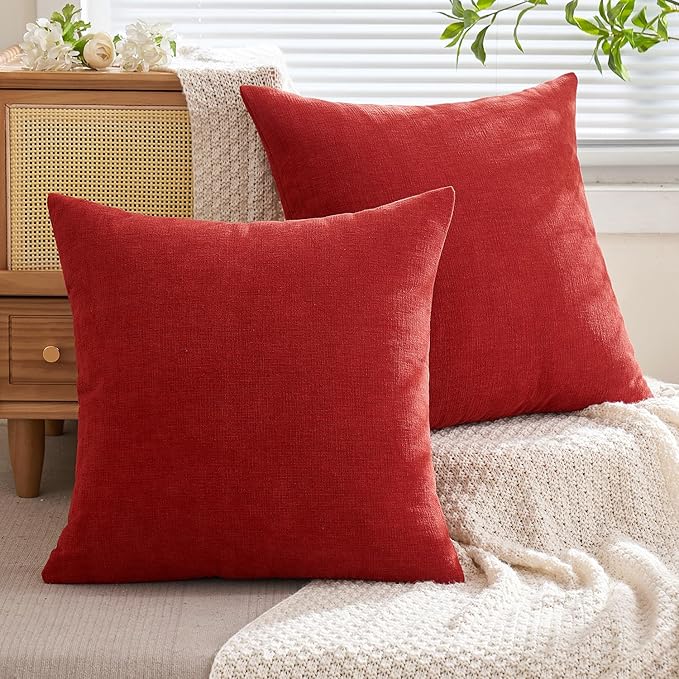 MIULEE Red Couch Pillow Covers 20x20 Inch, Set of 2 Soft Chenille Decorative Square Throw Pillow Covers Farmhouse for Sofa Living Room Bed