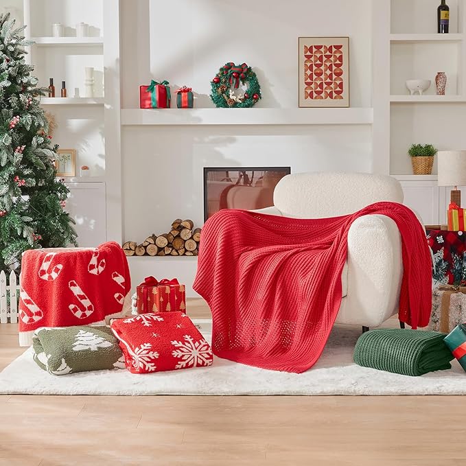 Douceur Christmas Red Throw Blanket for Bed, Soft Chunky Cable Knit Throw Blanket, Classic Fisherman's Rib Stitch Pattern Throw for Living Room,60"X80"