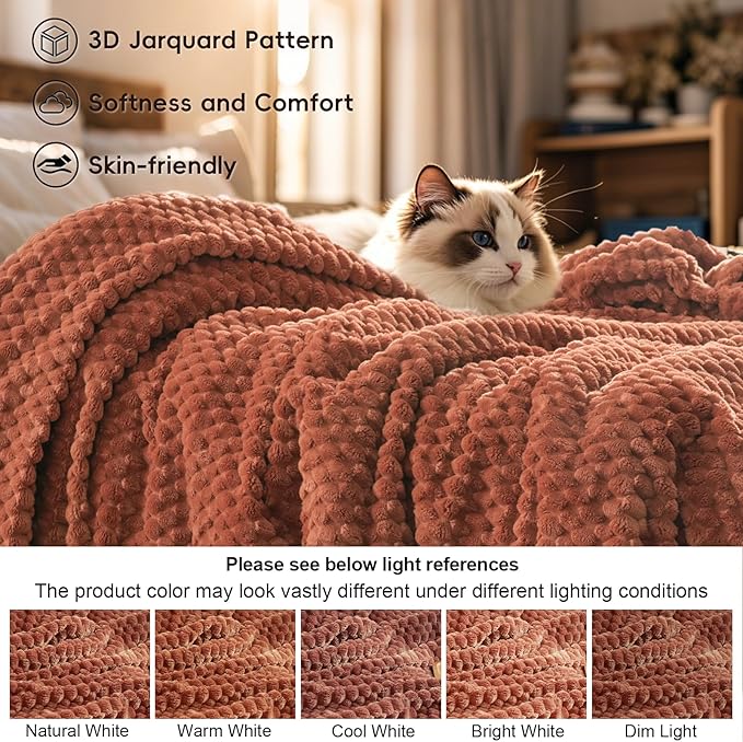 PHF Ultra Soft Flannel Fleece Blanket Queen Size, Lightweight 3D Jacquard Fleece Blanket, No Shedding, No Pilling, Luxury 340GSM Aesthetic Fluffy Cozy for Bed Room Decor, 90"x90", Terracotta