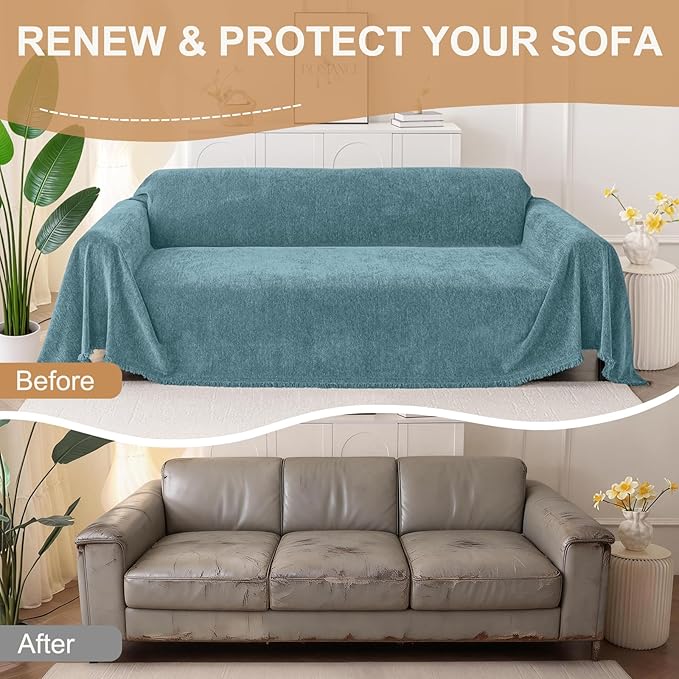 Smiry Couch Cover for Dogs, Washable Chenille Sofa Covers for 3 Cushion Couch, Soft Sofa Slipcover for Pets, Thick Sectional Furniture Protector with Tassels (Blue, 71x134 Inch)