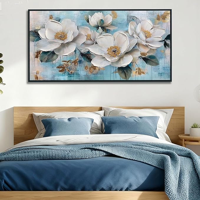 Ardemy Flower Teal Wall Art Framed Canvas for Living Room White Gold Floral Magnolia Canvas Painting, Bedroom Picture Textured Artwork Tranquil Home Office Wall Decor, Large Black Wood 48"x24"