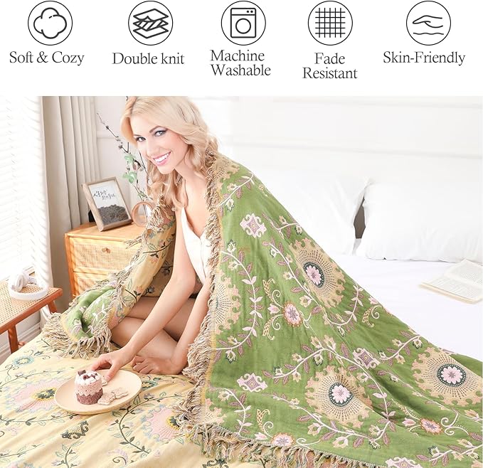 Snycler Boho Throw Blanket 91"x98" - 100% Cotton Ultra Soft Rustic Quilt, Green Floral Printed Farmhouse Decor for Bed, Sofa, Couch, Chair - All Season Cozy Blanket