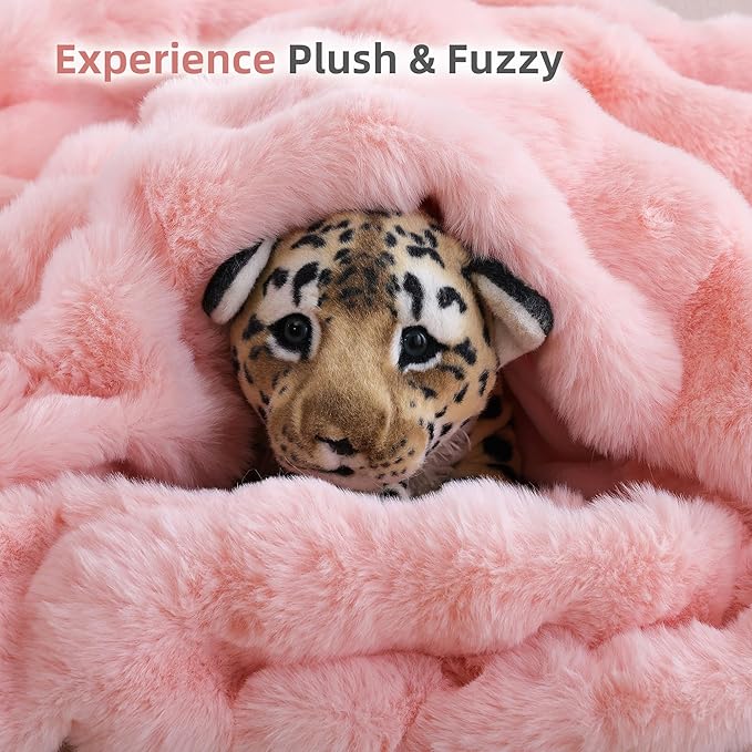 Smoofy Faux Fur Throw Blanket for Couch – Blush Pink Fluffy Cozy Rabbit Fleece, Plush Soft Bubble Blanket for Sofa & Bed, for Mom, Warm Fuzzy Home Room Decor Throw 50" x 60"