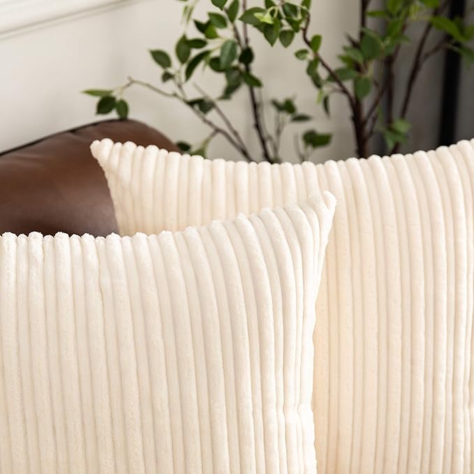 UGS UGASA Striped Corduroy Pillow Covers Velvet Decor Cushion Covers Pillowcases for Sofa/Couch/Bedroom, 2 Packs, 20 x20 Inch(50x50cm), Cream