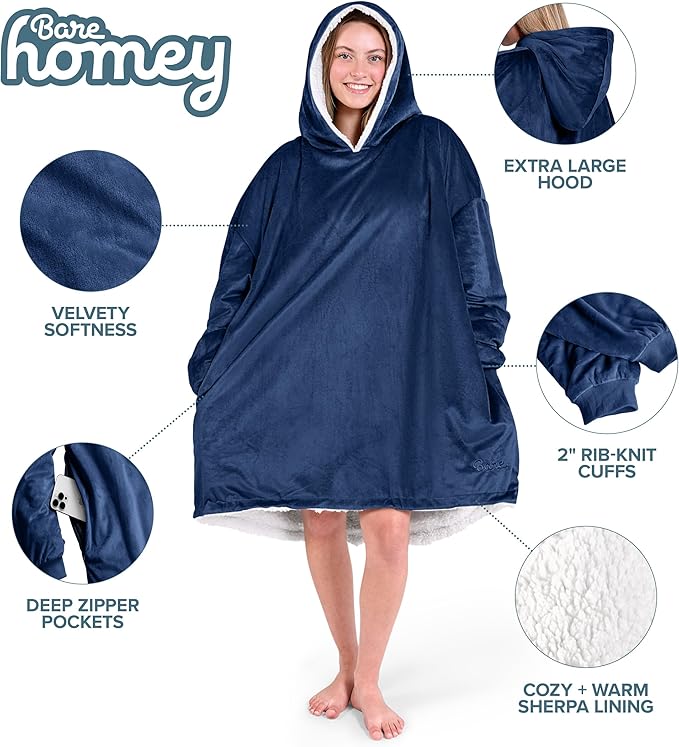 Bare Home Wearable Blanket Hoodie - Soft Plush Sherpa - Warm and Cozy - Oversized Wearable Blanket - Adult & Kid Sizes