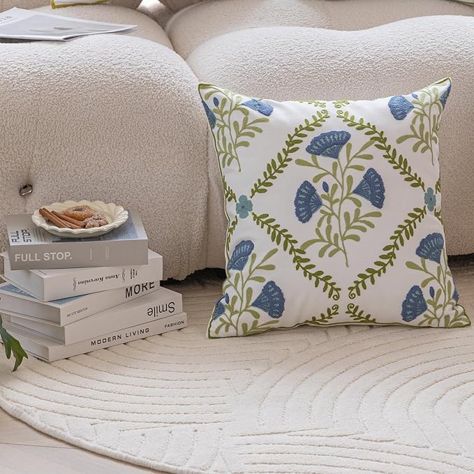 YIcabinet Pillow Covers Set of 2, Embroidered Blue Flower Pattern Throw Pillow Cover,Square Cotton Cushion,Pillow Case for Sofa Bedroom Couch,18"x18"