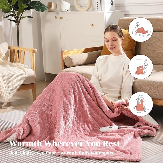 Electric Throw Blanket Heated Throw 50''x60''- Wheat Pattern Flannel & Sherpa Heated Lap Blanket with 5 Heat Settings & 4-Hour Auto Shut-Off, ETL & FCC Certified, Machine Washable Home Use, Pink