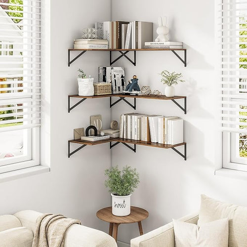 24"W x 12"D Wall Shelves for Books, 12 Inch Deep Floating Shelves Set of 3, Wide Floating Bookshelf with Metal Bracket for Living Room, Kitchen, Office, Bedroom and Decor Storage - Rustic Brown