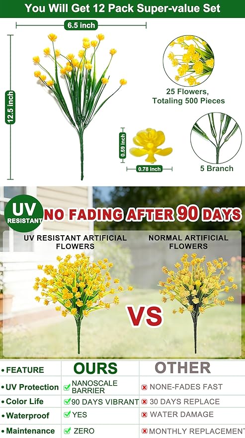 TURNMEON 12 Bundles Artificial Flowers for Outdoors Summer Decor, Realistic UV Resistant Fake Plants Faux Plastic Flowers for Outside Planter Home Gardens Porch Yards Spring Cemetery Decor(Yellow)