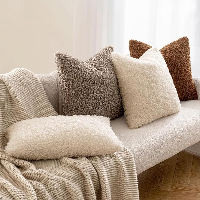MIULEE Pack of 2 Throw Pillow Covers 16x16 Inch Neutral Khaki Faux Fur Decorative Sherpa Pillow Covers Fuzzy Accent Soft Sheepskin Fleece Cushion Cases for Boho Home Decor Couch Living Room Bed
