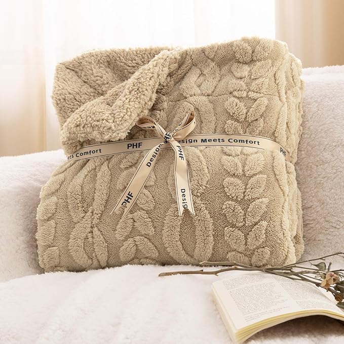 PHF Fluffy Sherpa Blanket Twin Size for Winter, Warm and Soft, 510GSM 3D Jacquard Thick Shaggy Fleece Plush Blanket for Sofa Bed, Khaki, 60"x80"