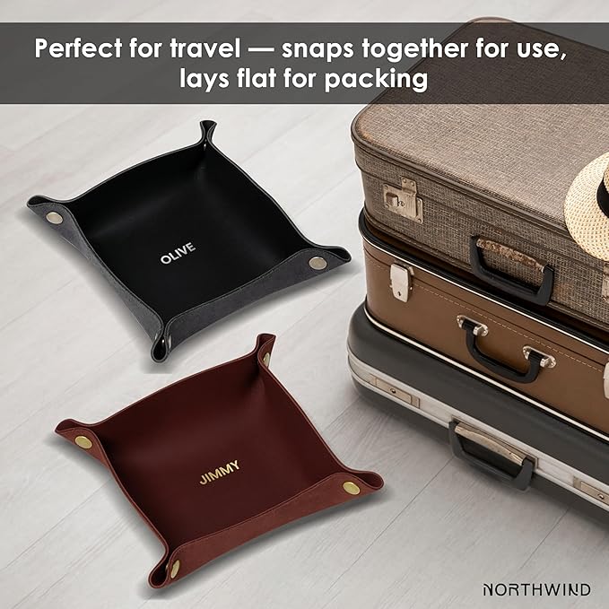 Northwind Personalized Leather Valet Tray – Made in USA - Custom Monogramed Full Grain Leather Catchall Tray for Men, Desk Organizer & Groomsmen Gift, Perfect Storage for Nightstand, Dresser