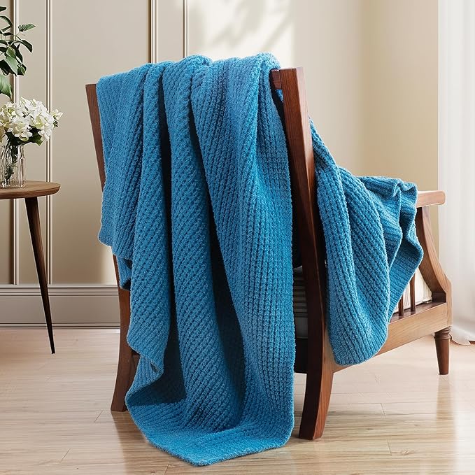 Waffle Knit Throw Blanket, Luxury Cozy Chunky Knit Throw Blanket for Couch, 50 x 60 Inch Thick Ultra-Soft Feather Yarn Knitted Blanket for Sofa, Bed, Home Decor - Blue