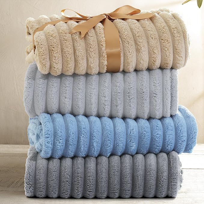decorUhome Soft Fleece Grey Twin Blanket for Bed, Cozy Fluffy Plush Flannel Striped Throws for Couch Sofa, Lightweight Decorative Ribbed Fuzzy Blanket for Woman, 60x80 Inches