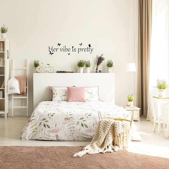 Her Vibe is Pretty Wall Decal Decor Vivid Butterflies Wall Sticker Inspirational Quotes Positive Wall Decal Sticker for Women Office 31.5 x 9.4 Inch (Simple Style,Black)