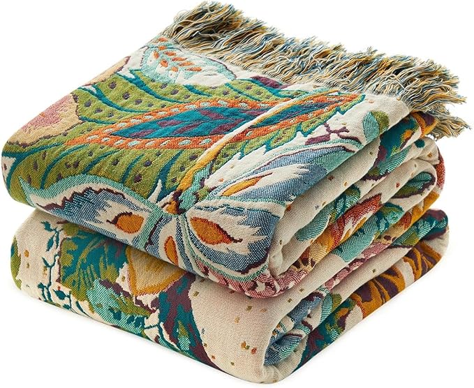 Boho Throw Blanket for Bed Cotton Spring Blankets Twin Size for Bedroom Living Room All Season Lightweight Botanical Floral Embroidery Quilt for Couch Sofa Chair 60"x80" Home Decor