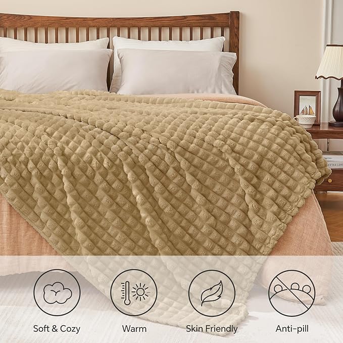BEDELITE Camel Throw Blanket Twin Size for Bed- Super Soft and Warm 3D Checkered Fluffy Fuzzy Fleece Blanket, Luxurious Plush Cozy Blanket for Room Decor Fall and Winter, 60x80 inches