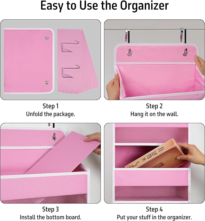 Over Door Organizer with 5 Large Pockets, Heavy Duty Hanging Organizer Storage, Closet Bathroom Nursery Bedroom Dorm, Toys Cosmetics Sundries and Baby Essentials, Pink