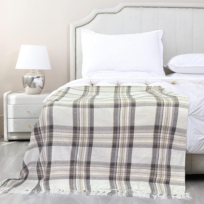 Taupe Grey and White Plaid Decor Tartan Blanket, Lightweight Soft Chenille Striped Knitted Rustic Farmhouse Throw with Tassels for Couch Sofa Chair Bed Office Home, 60" x 80"
