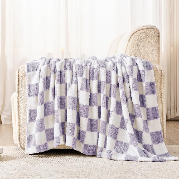 EMME Checkered Blanket Twin Size - 60"x80" Lavender Knit Blanket Soft Fluffy Patterned Throw Blankets for Couch, Sofa, Chair, Bed, Camping, Picnic, Travel