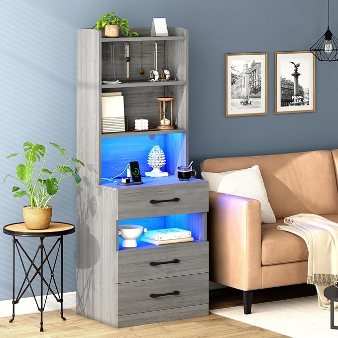 AOGLLATI Tall Nightstand with Charging Station and LED Lights, Night Stand with 3 Drawers and Storage Shelves, Bedside Table with Bookshelf, Modern End Side Table for Bedroom, Grey