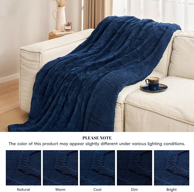 PHF Fluffy Sherpa Fleece Blanket Queen Size for Winter, Warm and Cozy, 510GSM 3D Tufted Shaggy Fleece Blanket for Sofa Bed, Navy Blue, 90"x90"
