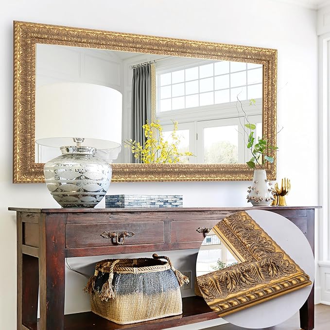 Chende 48" L x 24" W Large Gold Mirror for Wall, Rectangular Decorative Mirror Wall Decor with Leaves Shape Wood Frame, Elegant Baroque Mirror for Bathroom Entrance Hallyway Power Room
