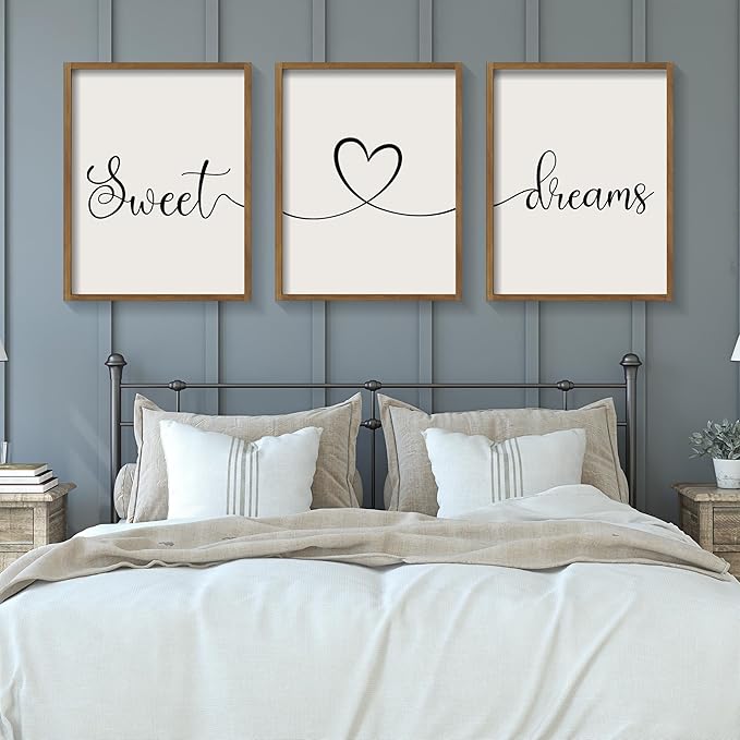 Ronasip Sweet Dreams Wall Decor for Bedroom Set of 3 Framed Wall Art for Farmhouse Rustic Home Master Bedroom Decor (11”x14”, Brown)
