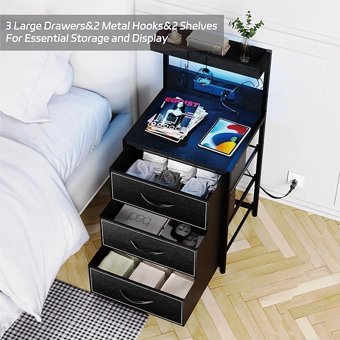 LED Nightstand Set of 2, Dresser Nightstand with 3 Drawers and Type C Charging Station, Storage End Table with Shelf and Hooks, Large Bedside Table for Dorm Bedroom, Black