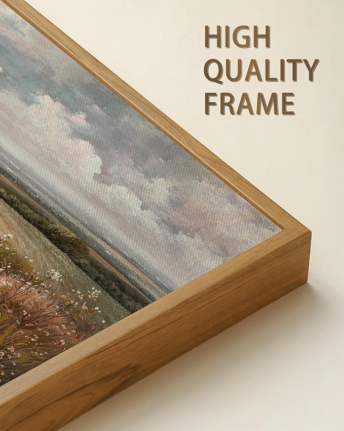 SHENIFY Vintage Landscape Framed Wall Art Rustic Countryside Wildflower Field Farmhouse Decor Retro Meadow with Flowers Painting for Hallway Bedroom Dining Room - 20x40in Natural Framed