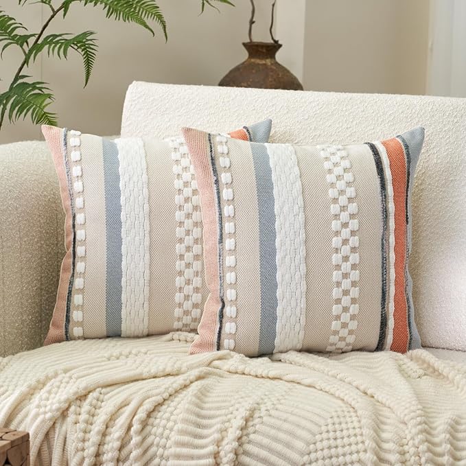 Aeckself Boho Throw Pillow Covers 18x18 Inch Set of 2, Farmhouse Decorative Striped Square Pillow Covers Chenille Tufted Pillow Cases Accent Neutral Pillowcase for Living Room Couch Bed, Orange Blue