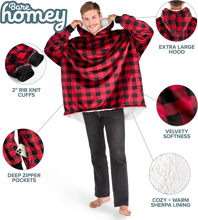 Bare Home Wearable Blanket Hoodie - Soft Plush Sherpa - Warm and Cozy - Oversized Wearable Blanket - Adult & Kid Sizes