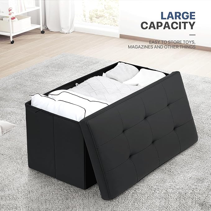 MoNiBloom 30 Inch Storage Ottoman Bench, 24 Gal. Folding Ottoman Footrest, End of Bed Bench, Rectangle Foot Stool, Supports 600 lbs, for Bedroom, Living Room, Entryway, Hallway, Black