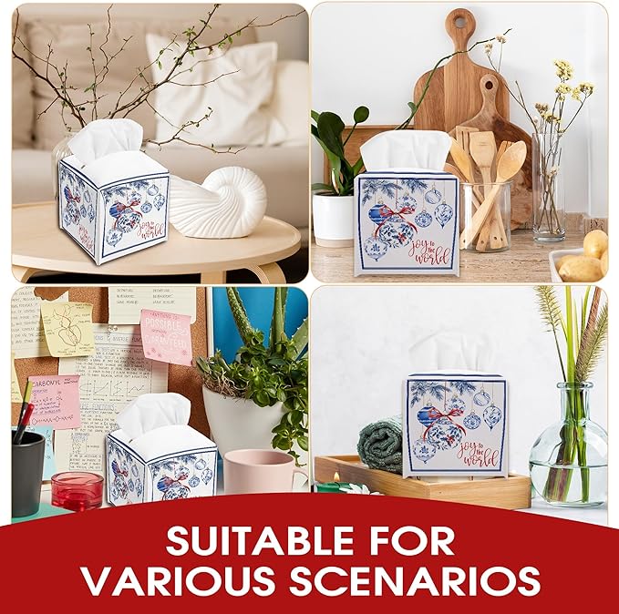 Christmas Balls Design Tissue Box Cover Holder, Blue White Leather Tissue Box Cover Square, Joy to The World Christmas Decor for Bathroom Kitchen Car Office, Porcelain Print(5.2 Inches)-B05