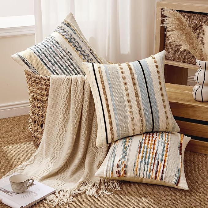 ANRODUO Pack of 1 Boho Decorative Throw Pillow Covers 18x18 Farmhouse Cushion Case Striped Chenille Pillow Cases Square Pillow Covers Accent Neutral Pillowcase for Sofa Couch Bed,Brown Stripe