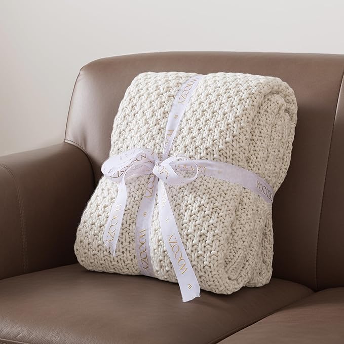 WDCOZY Chunky Cable Knit Throw Blanket Super Soft Warm Knitted Throw Blanket for Couch, Sofa, Chair, Bed Lightweight Breathable Cozy Comfortable Home Decorative Ivory Cream White 50x60 Inches