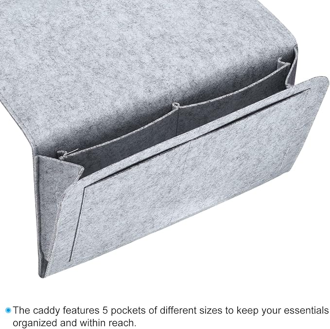 PATIKIL 13in Bedside Caddy, Bed Caddy Bedside Organizer Hanging Soft 5 Pockets Bed Pockets Bedside Storage Organizer Remote Control Holder for Bedroom Phones Glasses, Light Grey