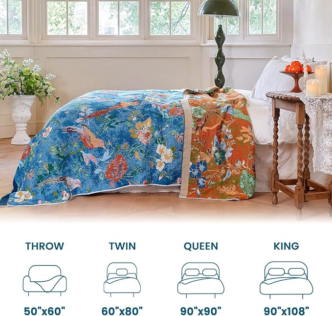 MSGKV Boho Throw Blanket for Bed 60"x80" Cotton Couch Blanket with Floral and Bird Spring Breathable Lightweight Farmhouse Twin Size Decorative Blankets for Sofa Muslin All Seasons