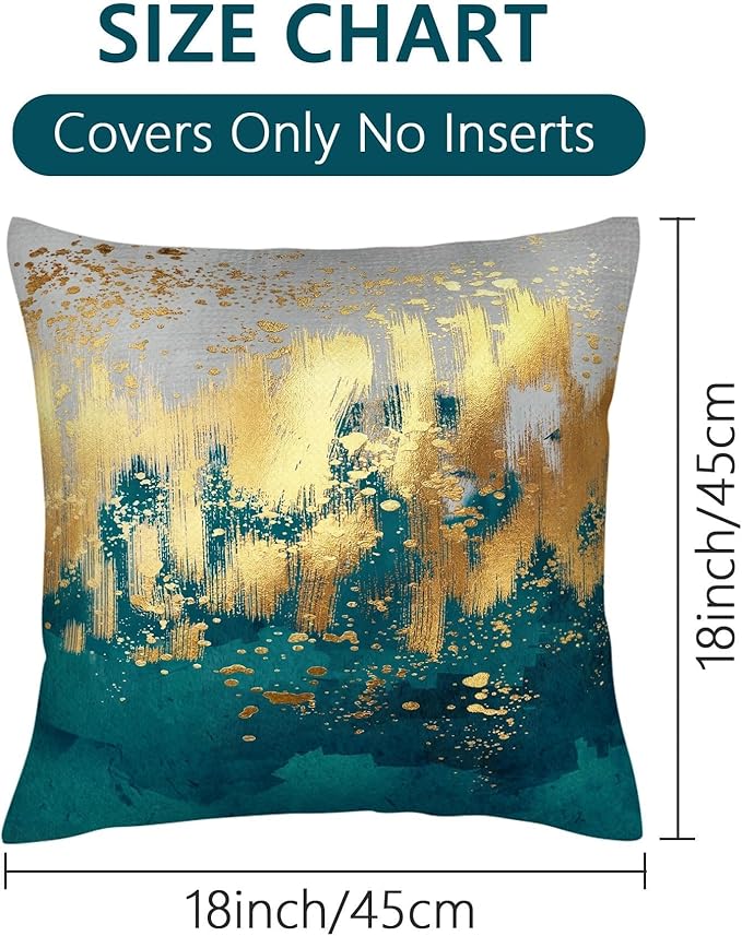 Emerald Green and Gold Throw Pillow Covers Set of 2 18x18 Inch, Teal Gold Modern Decorative Square Pillowcases for Couch Sofa Living Room Bedroom Car Office, Christmas Green Pillow Covers, Home Decor