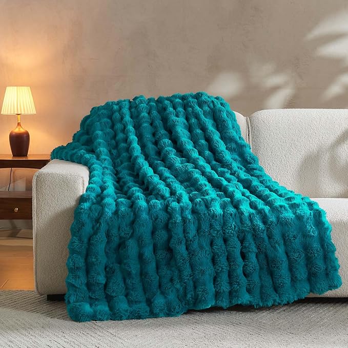 Lotus Karen Faux Fur Throw Blanket Teal - Big Bubble Rabbit Fluff Blanket for Couch Bed Sofa,Softest Fluffy Fuzzy Cozy Blanket,Thick Furry Plush Shaggy Warm Blankets for Women,90x90 Inches